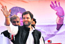Congress general secretary Rahul Gandhi at an election rally in a village near Allahabad. 