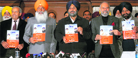 Deputy Chief Minister Sukhbir Singh Badal (centre) along with senior SAD leaders at the launch of the party manifesto in Ludhiana on Sunday.