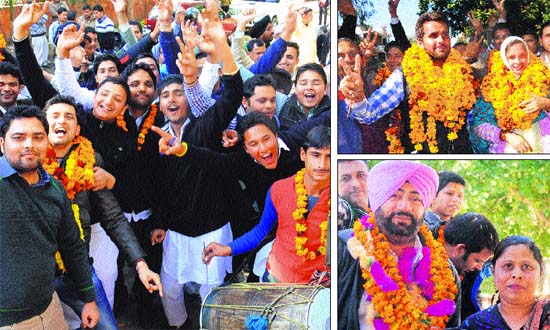 (Clockwise from above) Villagers celebrate victory of their candidate; Manoj and Krishna in a jubilant mood and Major Singh from Dhanas village celebrates his victory in Chandigarh on Monday