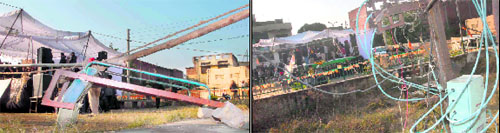 A broken slide of a park at Prithvi Nagar used as an anchor for tent ropes; and (right) a 'kundi' connection used for an election rally addressed by Himachal Pradesh Chief Minister Prem Kumar Dhumal in favour of BJP's Jalandhar (North) candidate KD Bhandari in Jalandhar on Sunday. 