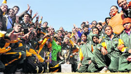 Winners of the 57th National School Games in a cheerful mood in Ludhiana. 