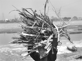 A boy carries firewood on his head to keep warm on cold nights on the banks of the Yamuna in New Delhi.
