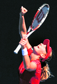 Ekaterina Makarova celebrates her victory over Serena Williams in their fourth round match of the Australian Open in Melbourne on Monday.