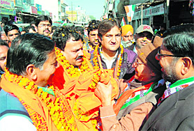 Raj Kumar during his poll campaign in Amritsar on Tuesday.