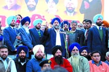 SAD president Sukhbir Badal addresses an election rally in suuport of SAD candidate from Bathinda (Urban) segment, Sarup Chand Singla, in Paras Ram Nagar on Tuesday. 