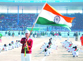 Students participate in the full dress rehearsal of the Republic Day parade at the Sports Stadium in Bathinda on Tuesday.