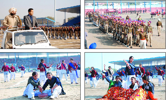 (Clockwise from above) (R) Deputy Commissioner KK Yadav and (L) SSP Sukhchain Singh Gill inspect the guard of honour; a police contingent marches past, and school students perform during the full dress rehearsal of the Republic Day parade at the sports stadium in Bathinda on Tuesday.
