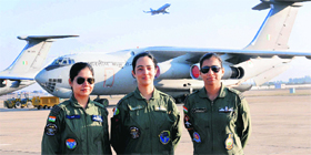 Sdn Ldr Teji Uppal, Sdn Ldr Nidhi Handa and Sdn Ldr Veena Saharan with an IL-76 transport aircraft at the Chandigarh Air Force Station on Tuesday.