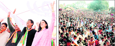 BJP national vice-chief Hema Malini waves to the crowd at an election rally at Laksar in Haridwar on Tuesday; and (right) a huge crowd at the venue.  