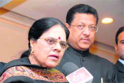 Girija Vyas, a senior Congress leader, addresses mediapersons in Dehradun on Tuesday.