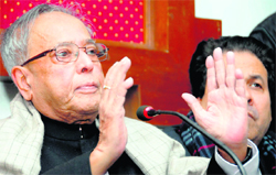 Union Finance Minister Pranab Mukherjee addresses mediapersons in Dehradun on Tuesday.