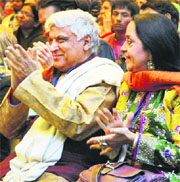 Lyricist Javed Akhtar and singer Ila Arun at the Jaipur Literature Festival on Tuesday