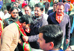 Anil Joshi of the BJP during his door-to-door campaign in the Amritsar (North) constituency on Wednesday.