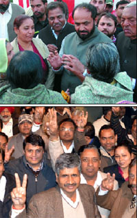 (Top) Cong candidate Harminder Singh Jassi and (below) SAD-BJP candidate Sarup Chand Singla campaigning in Bathinda.