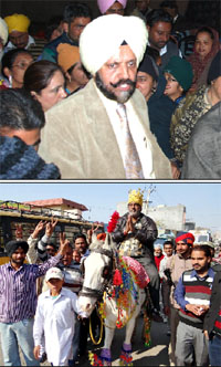 (Top) PPPs Sukhdeep Singh Bhinder and (below) independent candidate Vijay Kumar during their campaign trail in Bathinda.