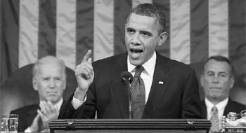 US President Barack Obama speaks during his State of the Union address in fornt of a joint session of Congress on January 24, 2012 on Capitol Hill