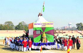 A tableau by the Directorate of School Education, Jammu, during a rehearsal for the Republic Day parade in Jammu