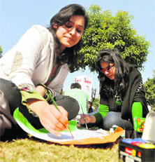 Students of NIFD participate in a poster-making competition in Ludhiana.