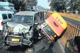 The damaged vehicles that were hit by a bus, allegedly stolen and driven by Santosh Mane, an employee of the state transport corporation, in Pune on Wednesday