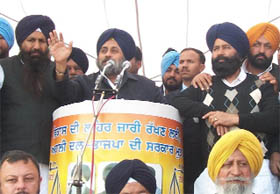 Deputy CM Sukhbir Singh Badal addressing an election rally at Guruharsahai in Ferozepur district on Friday. 