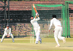 A player plays a shot during the FC Mittal Cricket Trophy at Cricket Stadium, Sector 16, Chandigarh, on Friday