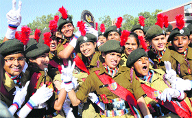 NCC cadets after receiving the 1st prize in parade at the Republic Day function in Chandigarh on Thursday.