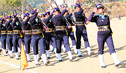 Policewomen take part in a march past on the occasion of Republic Day in Dharamsala on Thursday