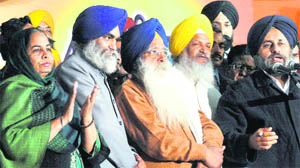 The headmistress of Government High School, Khandoor village, Surinder Kaur Dyal (extreme left), at a SAD rally in Ludhiana on January 23. 