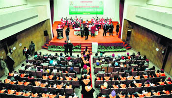 Vice-Chancellor Dr Baldev Singh Dhillon awards degrees to students during the convocation function at the PAU in Ludhiana on Friday. 