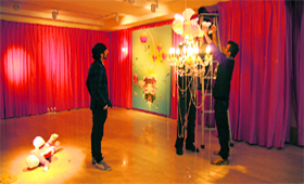 Jiten Thukral and Sumir Tagra work on an installation during their ongoing exhibition at Gallery Nature Morte, Gurgaon