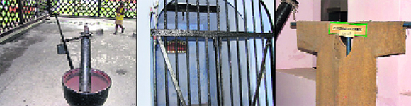 Parts of the historic Cellular Jail to be recreated in Mumbai: From left the oil-crushing instrument to which prisoners were chained; the entrance to the jail; and the punishment dress
