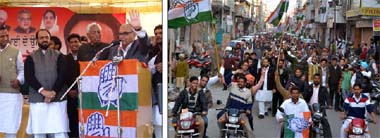 Haryana Chief Minister Bhupinder Singh Hooda (left) addresses a rally organised in favour of Congress candidate from the Bathinda (Urban) Assembly constituency Harminder Singh Jassi (second from left), near the Gol Diggi in Bathinda on Saturday; Congress supporters campaign for Jassi in Bathinda