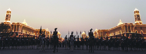 The illuminated Rashtrapati Bhawan after the rehearsal for the Beating Retreat ceremony in New Delhi on Saturday. 