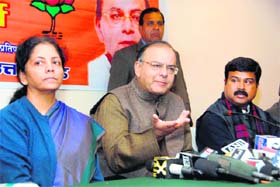 Arun Jaitley, senior BJP leader, addresses a press conference in Dehradun on Saturday