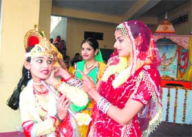 Students of Saraswati Vidya Mandir Mayapur stage a skit on the occasion of Basant Panchami in Haridwar on Saturday