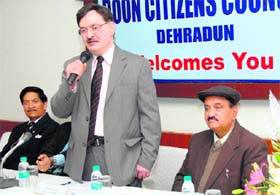 Aloke Lal, state DGP, speaks at a felicitation function in Dehradun on Saturday