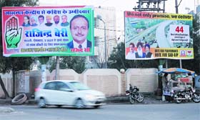 Hoardings of the Congress and the SAD-BJP combine in Jalandhar