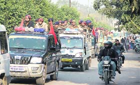 Paramilitary forces and the city police on a flag march in Jalandhar on Saturday