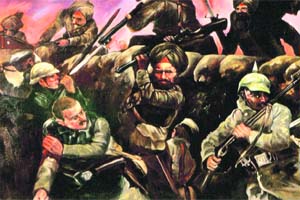 An artists impression of XLVII Sikhs attack against Germans in Neuve Chapelle, France (October 28, 1914)