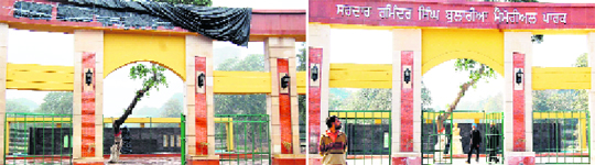 The name of Raminder Singh Bolaria Memorial Park was covered on the directions of the Election Commission by the district administration a fortnight ago; and (right) the administration uncovers the name of the park after receiving directions from the Election Commission in Amritsar. 