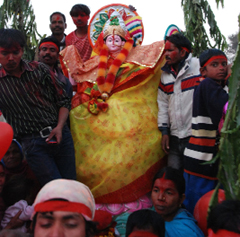 Devotees take part in immersion procession of an idol of Goddess Saraswati in Bathinda on Sunday. 