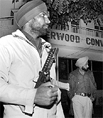 Policemen on election duty outside Shivalik Public School in Phase V of Mohali on Sunday