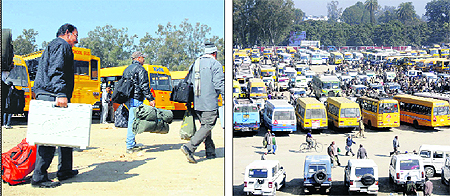 Election teams leave for polling booths in the Garhwal region in Dehradun on Sunday; and (right) buses to be used by polling parties parked at the Parade Ground