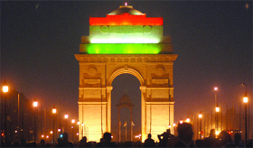 The illuminated India Gate during the Beating Retreat ceremony in New Delhi on Sunday.