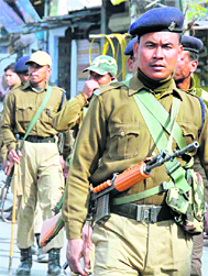 CRPF jawans take out a flag march in Haridwar on Sunday.