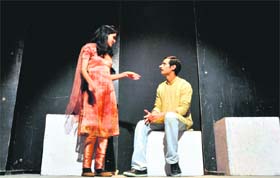 A scene from the play Jhoomta Hua Pull presented at the Natrang Studio Theatre in Jammu on Sunday