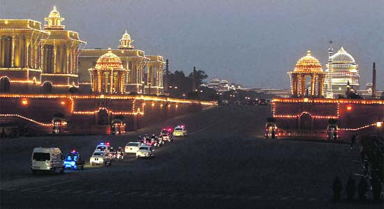 Raisina Hill illuminated during the Beating the Retreat ceremony in New Delhi on Sunday