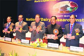 Chief guest RC Sobti (centre), Vice-Chancellor of Panjab University, Chandigarh; and Dr AK Srivastava (second from right), Director, NDRI, launch a CD on the souvenir of the national symposium on Recent advances in reproductive biotechnology organised at the NDRI in Karnal on Monday