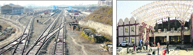 A network of newly laid railway tracks; and (right) work on the construction of the Katra railway station in its final stage.