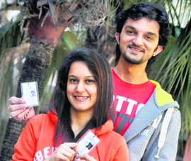 Divya and Jatin after casting their vote in Sarabha Nagar on Monday. 